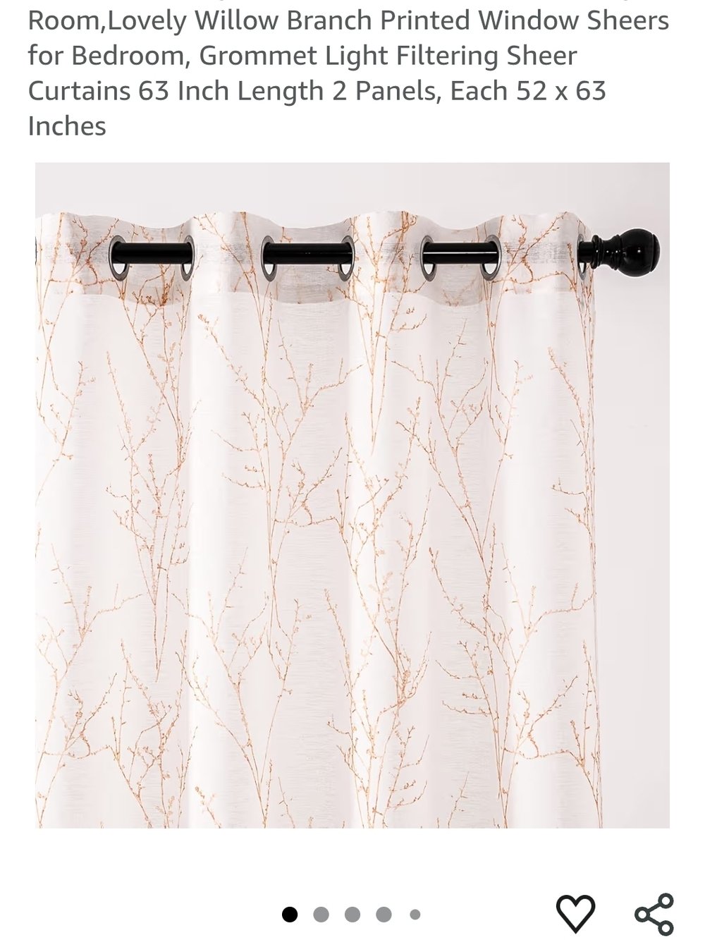 Napearl Sheer White Orange Tree Branch Curtain 2 Panel 52x63